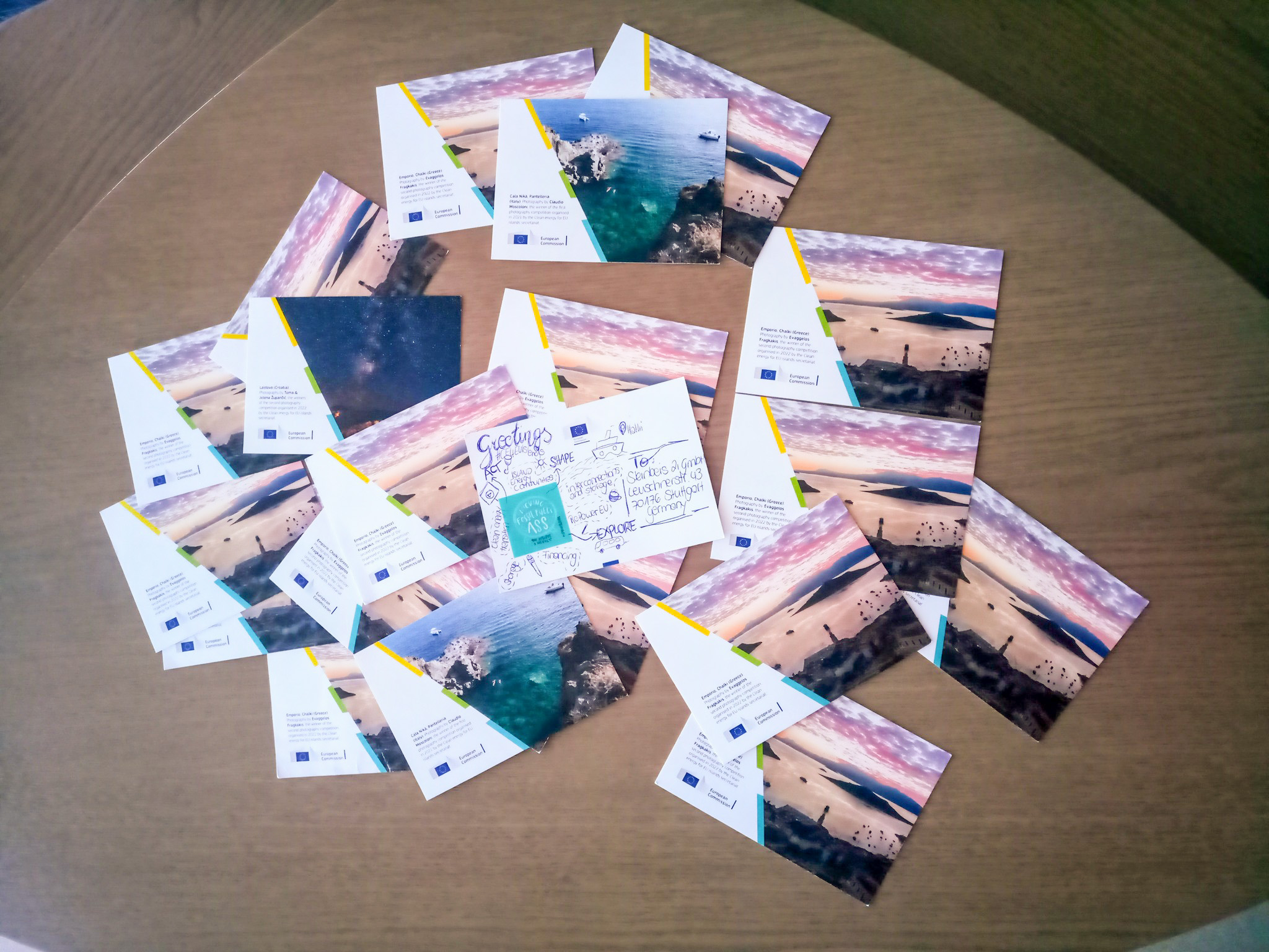 Postcards on table