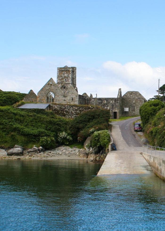view of old buildings and abbey pier on sherkin island