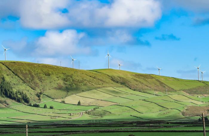 green hills with windmills