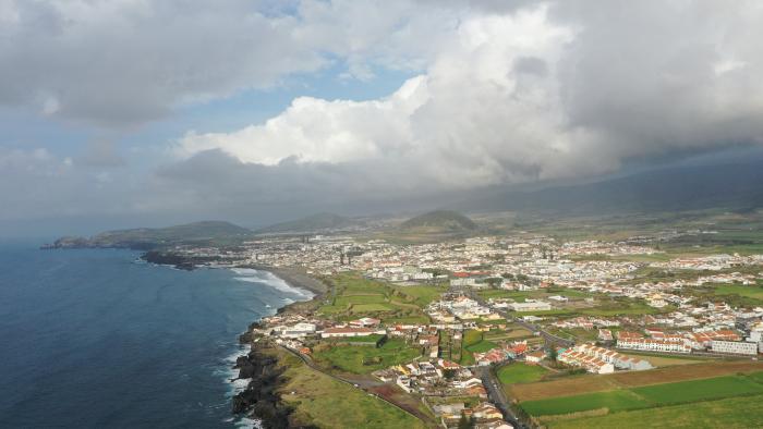 Sao Miguel coastline birds eye view with cloudy sky
